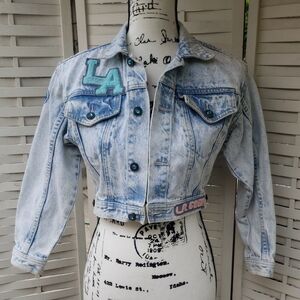 Vintage L.A. Gear Light Wash Denim Jacket with Embroidered Patches Size M
